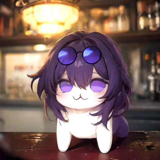 anime girl with purple glasses sitting on a bar counter