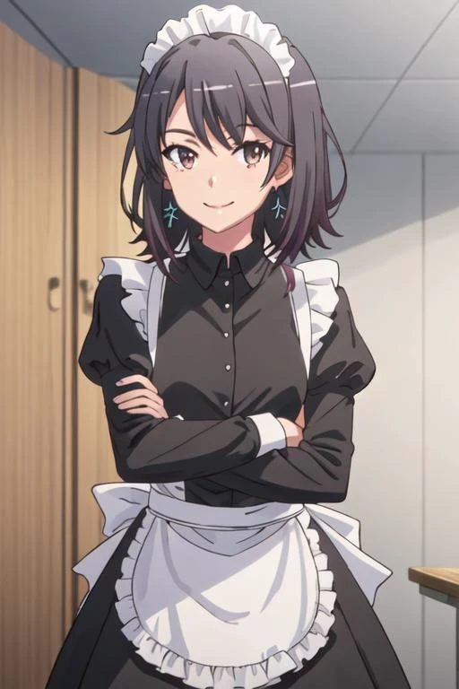 best quality, masterpiece, highres, solo, {maid:1.40}, {long maid dress:1.15}, {yukinoshita_haruno_yahariorenoseishunlovecomewamachigatteiru:1.15}, black_hair, short_hair, smile, brown_eyes, bangs