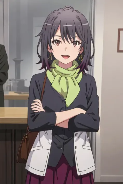 best quality, masterpiece, highres, solo, {yukinoshita_haruno_yahariorenoseishunlovecomewamachigatteiru:1.15}, black_hair, short_hair, smile, brown_eyes, bangs, 1girl, scarf, upper_body, crossed_arms, green_scarf, long_sleeves, open_mouth, shirt, looking_at_viewer