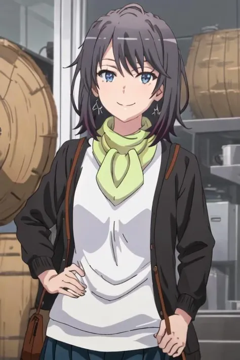 best quality, masterpiece, highres, solo, {yukinoshita_haruno_yahariorenoseishunlovecomewamachigatteiru:1.15}, black_hair, short_hair, smile, brown_eyes, bangs, 1girl, anime_coloring, blue_eyes, closed_mouth, portrait, looking_at_viewer