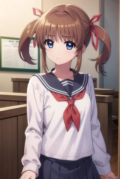 nanohatakamachi, <lora:nanoha takamachi movie2-lora-nochekaiser:1>,
nanoha takamachi, takamachi nanoha, brown hair, twintails, blue eyes,
BREAK long sleeves, ribbon, school uniform, serafuku, long sleeves, red ribbon, white sailor collar,
BREAK indoors, classroom,
BREAK looking at viewer, (cowboy shot:1.5),
BREAK <lyco:GoodHands-beta2:1>, (masterpiece:1.2), best quality, high resolution, unity 8k wallpaper, (illustration:0.8), (beautiful detailed eyes:1.6), extremely detailed face, perfect lighting, extremely detailed CG, (perfect hands, perfect anatomy),