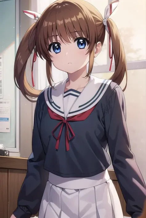 nanohatakamachi, <lora:nanoha takamachi movie2-lora-nochekaiser:1>,
nanoha takamachi, takamachi nanoha, brown hair, twintails, blue eyes,
BREAK long sleeves, ribbon, school uniform, serafuku, long sleeves, red ribbon, white sailor collar,
BREAK indoors, classroom,
BREAK looking at viewer, (cowboy shot:1.5),
BREAK <lyco:GoodHands-beta2:1>, (masterpiece:1.2), best quality, high resolution, unity 8k wallpaper, (illustration:0.8), (beautiful detailed eyes:1.6), extremely detailed face, perfect lighting, extremely detailed CG, (perfect hands, perfect anatomy),
