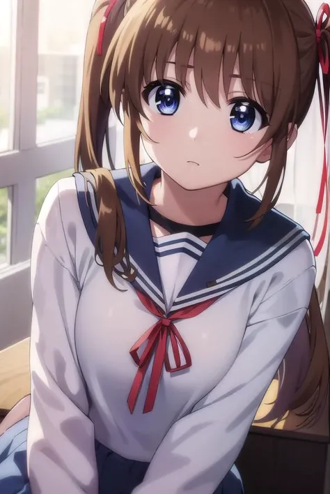 nanohatakamachi, <lora:nanoha takamachi movie2-lora-nochekaiser:1>,
nanoha takamachi, takamachi nanoha, brown hair, twintails, blue eyes,
BREAK long sleeves, ribbon, school uniform, serafuku, long sleeves, red ribbon, white sailor collar,
BREAK indoors, classroom,
BREAK looking at viewer, (cowboy shot:1.5),
BREAK <lyco:GoodHands-beta2:1>, (masterpiece:1.2), best quality, high resolution, unity 8k wallpaper, (illustration:0.8), (beautiful detailed eyes:1.6), extremely detailed face, perfect lighting, extremely detailed CG, (perfect hands, perfect anatomy),