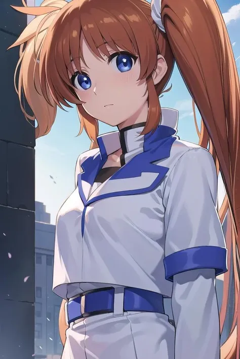 nanohatakamachi, <lora:nanohatakamachiv2-lora-nochekaiser:1>,
nanoha takamachi, (takamachi nanoha:1.5), long hair, blue eyes, brown hair, hair ribbon, (side ponytail:1.5), white ribbon,
BREAK magical girl, jacket, collar, puffy sleeves, long sleeves, white jacket,
BREAK looking at viewer, full body, upper body,
BREAK outdoors, city, sky,
BREAK <lyco:GoodHands-beta2:1>, (masterpiece:1.2), best quality, high resolution, unity 8k wallpaper, (illustration:0.8), (beautiful detailed eyes:1.6), extremely detailed face, perfect lighting, extremely detailed CG, (perfect hands, perfect anatomy),