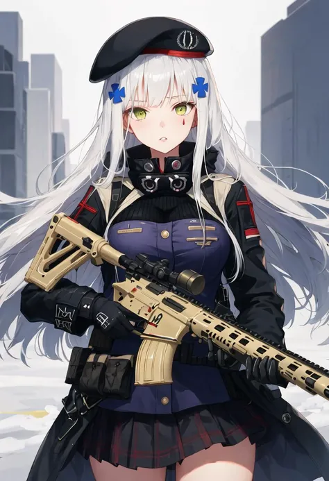 best quality, masterpiece, highres, solo, {416_girlsfrontline:0.90}, 1girl, assault_rifle, beret, black_headwear, h&k_hk416, holding_gun, jacket, looking_at_viewer, medium_breasts, trigger_discipline, white_gloves, heckler_&_koch, long_sleeves, skirt, teardrop, parted_lips, white_hair, closed_mouth