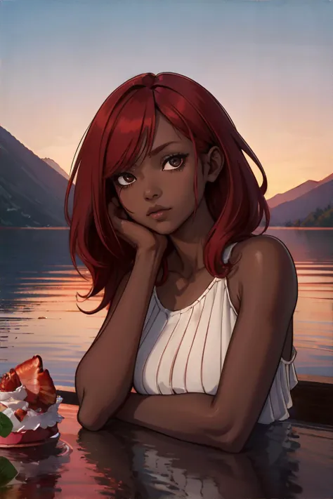 portrait of female in her Early twenties,  Mahogany skin, Black eyes,  Strawberry Shortcake Red  Short layered hairstyle, wearing  High-Low Top,  Serene lakeside at sunset || portrait, skin, hair, fabric, masterpiece, 8k, high resolution, shallow depth of field, sharp focus