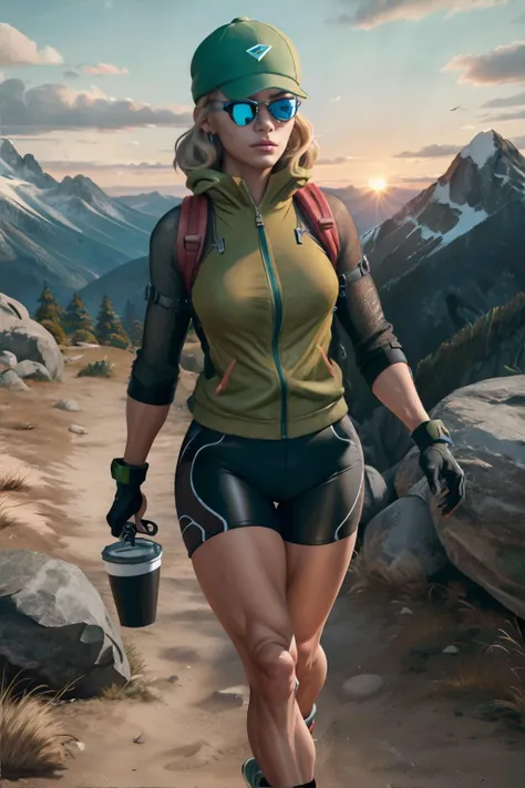 female in her Mid-forties wearing Mesh running cap, photochromic shield sunglasses, breathable packable anorak, high-waisted hiking bike shorts, fingerless leather gloves, no-show coolmax socks, breathable hiking sneakers,  Copper skin, Light Green eyes,  Cappuccino Foam Blonde  Medium Length Balayage Lob Hairstyle, A mountain scene with a hiker's silhouette against a fiery sunset || portrait, skin, hair, fabric, masterpiece, 8k, high resolution, shallow depth of field, sharp focus