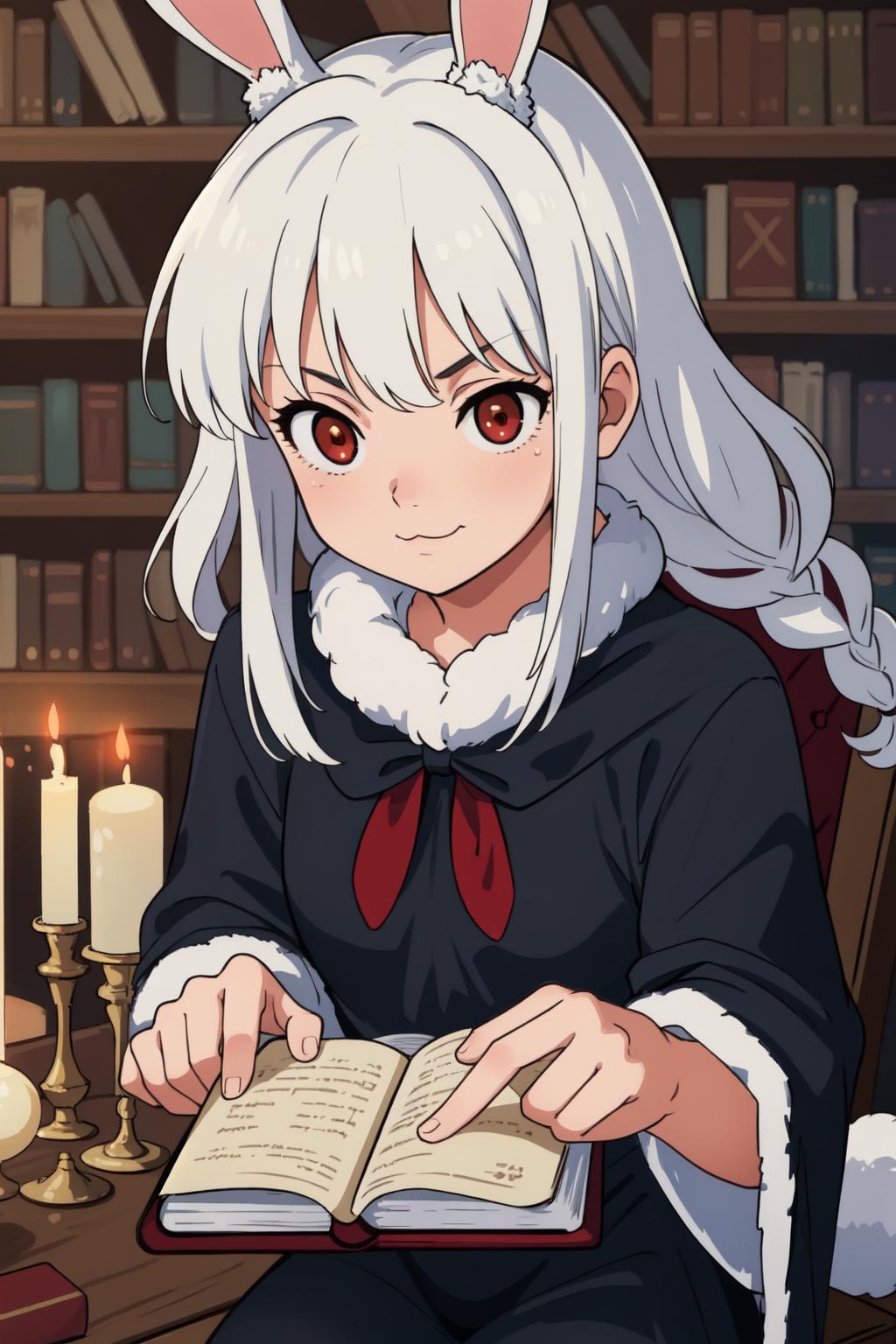 Anime girl with white hair and rabbit ears reading a book - SeaArt AI