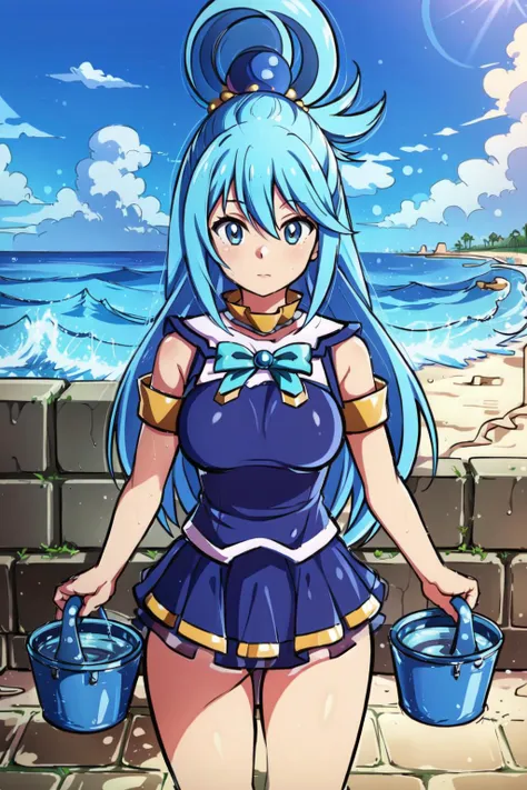 best quality, intricate details, 
 <lora:Aqua:0.8> aqua (konosuba), 1girl,  beach, water, waves, sun, blue sky, clouds,  looking at viewer,
 <lora:bucketPunishment:0.8> bucket punishment,