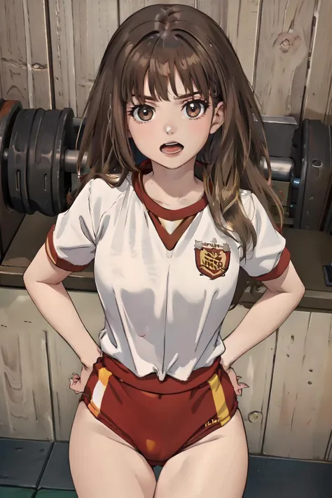 masterpiece, look at viewer, 1girl, solo, gym uniform, from bellow, brown hair, long hair, open mouth, cowboy shot, from above,
<lora:fongletsHermioneGranger_v11:0.8>,Hermione Granger,