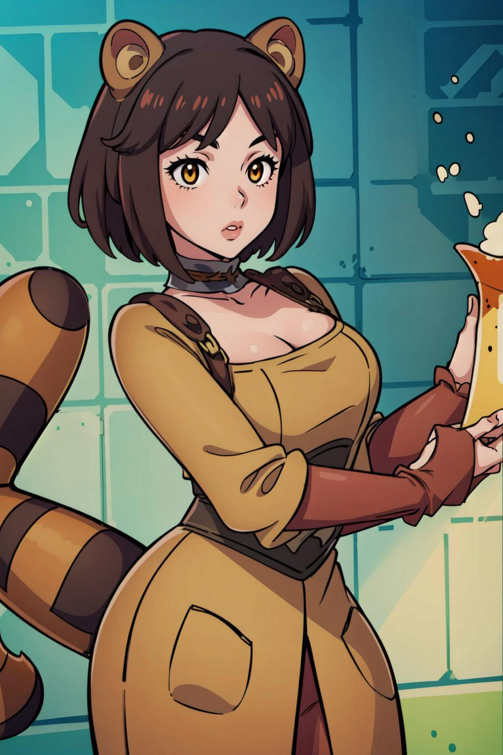 (masterpiece, best quality), intricate details, 8k, artstation, wallpaper, official art, splash art, sharp focus,
1girl, <lora:SeranaV1:0.8> Serana,
<lora:Tanooki_Outfit-06:0.8> (Tanooki:1.2), raccoon tail, tail, animal costume,