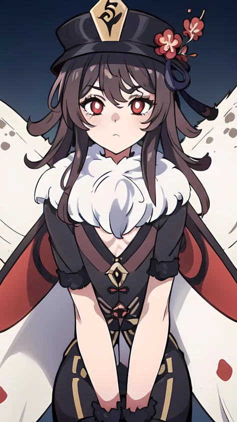 best quality, masterpiece,4k 8k wallpaper, <lora:hutao1:0.9> hutaodef, small chest, <lora:mothgirl:0.8> neck fur, fur collar, moth wings, multiple wings