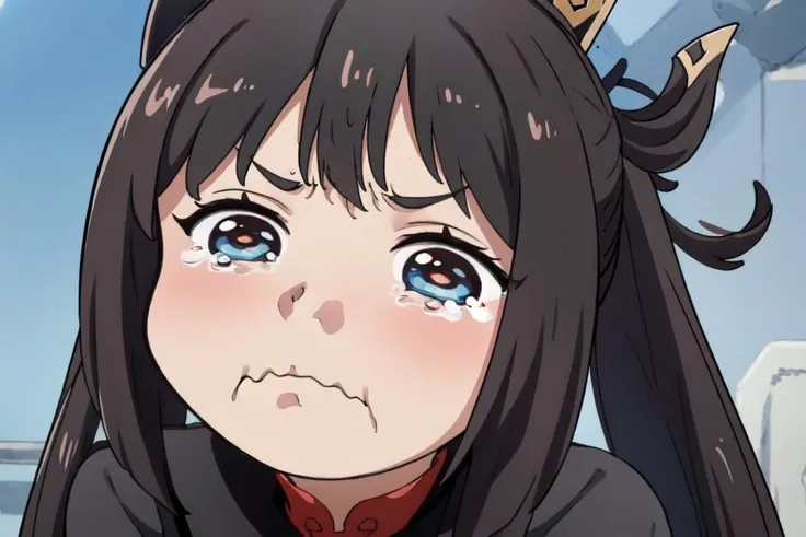 Highly detailed, High Quality, masterpiece, <lora:hutao1:0.9> hutaodef, closed mouth, tears, wavy mouth, tearing up, pout, :i, meme, :t, parody, frown, v-shaped eyebrows, crying, sad, crying with eyes open, puffy cheeks <lora:merrytail_aqua_crying_meme_v02-05:0.7>