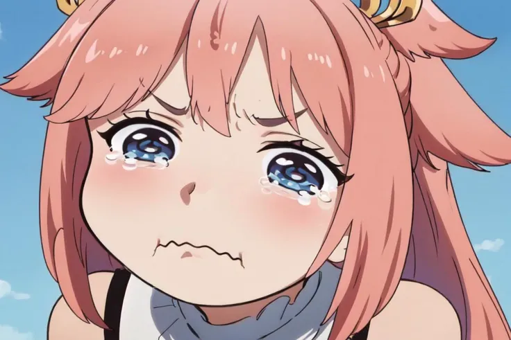 Highly detailed, High Quality, masterpiece, <lora:yaemiko1:0.9> yaemikornd, closed mouth, tears, wavy mouth, tearing up, pout, :i, meme, :t, parody, frown, v-shaped eyebrows, crying, sad, crying with eyes open, puffy cheeks <lora:merrytail_aqua_crying_meme_v02-05:0.7>