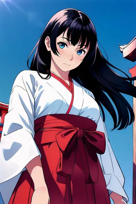 marker \(medium\), landscape, 1girl, (8k, highres, masterpiece, best quality), cowboy shot, from below, (looking at viewer:1.1),
an illustration of a very beautiful girl, standing on stage in Japanese shrine, outdoors, in summer, under the beautiful blue sky,
BREAK
<lora:flat2:-0.4>
black hair, long hair, floating hair, bangs, breasts, white japanese clothes, (red skirt, hakama:1.1),
(joyful:1.1), (nose blush:0.8), detailed eyes, detailed face, detailed background
<lora:takamichi-style_v1.0:0.8>