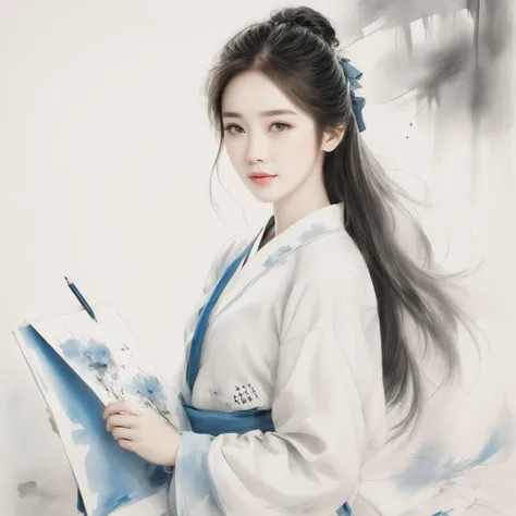 jinling,Masterpiece, high-quality, beautiful wallpaper, 16k, photo shoot, 1Girl, solo, ink stains, ink painting, (paper), holding paper, (drawing girl on paper), pencil,<lora:jinlingsdxl-000005:1>