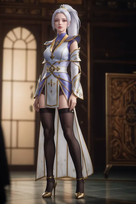 8k,highres,absurdres,masterpiece,best quality,original,extremely detailed CG,extremely detailed wallpaper,perfect lighting,<lyco:GoodHands-beta2:1>,
1girl,solo,blurry_background,looking_at_viewer,standing on the stage,
<lora:girl_20240408163818:0.5>,high_heels,thighhighs,white_hair,ponytail,armored_dress,