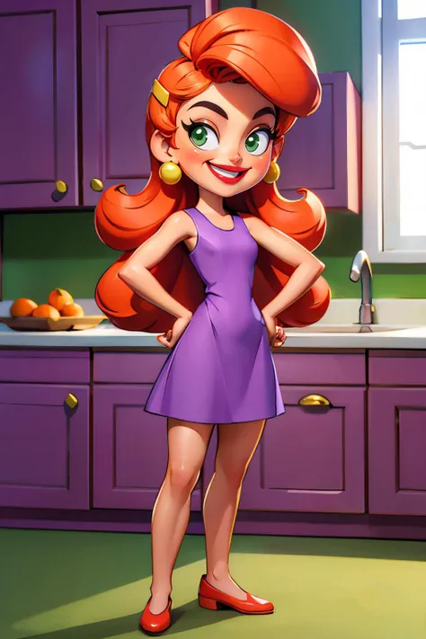 Gladys,long orange hair, hairclip, green eyes,red lipstick, small earrings, purple dress, sleeveless, red flats, looking at viewer, smiling, full body shot, standing, hands on hips, insidecozy kitchen, sink, oven, soft lighting, high quality, masterpiece, <lora:Gladys:.8>