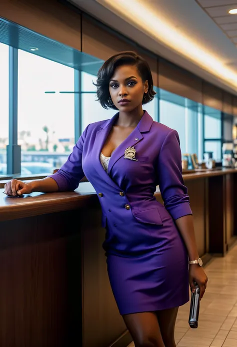 (medium full shot) of (sexy young woman:1.1) flight attendant, black american with fringe hair, dark eyes, dark skin, curvy,              wearing Contemporary lavender uniform with a draped blouse, midi skirt, patterned stockings, lavender flats, layered bob hair, first aid kit, angry at the viewer,  she's squatting pose,  .set in  airport Business Lounge, Elegant space with plush sofas and armchairs, work desks with power outlets, buffet tables stocked with snacks and beverages, a bar counter, a wall-mounted television , at sunset. ,Masterpiece,best quality, photorealistic, amazing quality, very aesthetic, extremely detailed face,