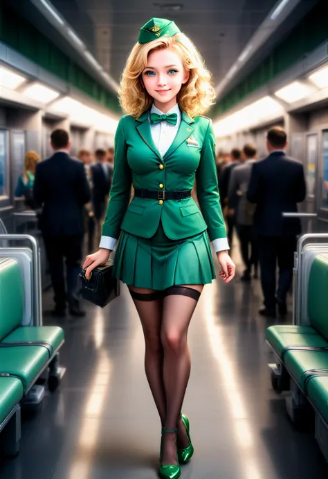 (medium full shot) of (vivacious young woman:1.1) flight attendant, french with curly blonde hair, bright green eyes, light skin, petite,              wearing Polished emerald green uniform with a blouse with a bow tie, pleated skirt, sheer stockings, emerald green heels, flight attendant hat, first aid kit, smiling at the viewer, making a superhero landing pose,  .set in  airport Security Checkpoint, Narrow passage with metal detectors, X-ray machines, conveyor belts for luggage, uniformed security personnel, benches , at sunset. ,Masterpiece,best quality, photorealistic, amazing quality, very aesthetic, extremely detailed face,