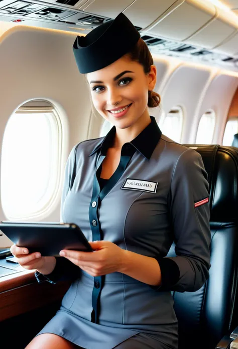 (medium full shot) of (supermodel young woman:1.1) flight attendant, arabian with black doughnut hair bun, green eyes, tan skin, curvy, wearing Professional charcoal gray uniform with a button-up blouse, pleated skirt, sheer stockings, charcoal gray heels, flight attendant hat, tablet for passenger assistance, smiling at the viewer, making an ok sign with her hand, .set in Cockpit, Modern design with a glass cockpit display, leather-upholstered pilot chairs, touch-sensitive controls, a retractable keyboard, integrated cup holders . ,Masterpiece,best quality, photorealistic, amazing quality, very aesthetic, extremely detailed face,