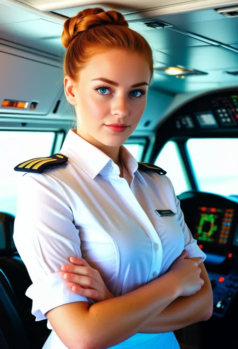 (medium full shot) of (vivacious young woman:1.1) flight attendant, british with ginger cone hair bun, bright blue eyes, light skin, curvy,              wearing Minimalist white uniform with a tunic blouse, straight skirt, sheer stockings, white flats, braided updo hair, tablet for passenger assistance, angry at the viewer, her arms are crossed,  .set in  Cockpit, Compact area with a state-of-the-art instrument panel, adjustable pilot seats, multiple screens displaying data, a control yoke, a communication headset rack . ,Masterpiece,best quality, photorealistic, amazing quality, very aesthetic, extremely detailed face,