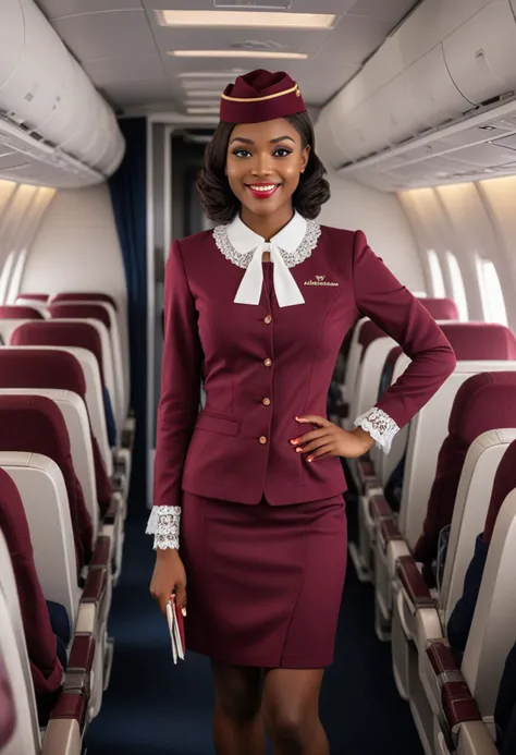 ((fashion photography)), perfect face, perfect eyes, (medium full shot) of (gorgeous flight attendant) young woman, african, dark skin, brown eyes, slim, hazel hair, wearing Chic burgundy uniform with a ruffled blouse, midi skirt, lace stockings, burgundy loafers, flight attendant hat, meal tray, set in Cockpit, Well-organized space equipped with a flight management system, padded pilot seats, a control column, a retractable tray table, storage bins for personal items , at night, laughing, jumping in the air, masterpiece, best quality, photorealistic, very aesthetic