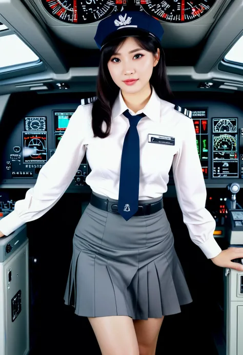 (medium full shot) of (lovely young woman:1.1) flight attendant, korean with black hime cut hair, dark brown eyes, pale skin, curvy,              wearing Modern gray uniform with a wrap blouse, A-line skirt, patterned stockings, gray flats, flight attendant hat, headset for communication, angry at the viewer, she's jumping above the ground,  .set in  Cockpit, Efficient layout featuring a digital flight display, captain and co-pilot seats, a central console with throttles and knobs, a chart holder, storage compartments for manuals , at night. ,Masterpiece,best quality, photorealistic, amazing quality, very aesthetic, extremely detailed face,