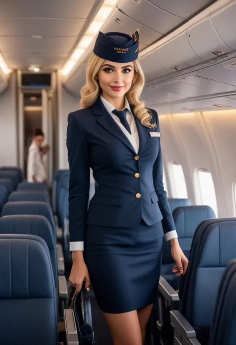 ((fashion photography)), perfect face, perfect eyes, (medium full shot) of  (esthetic flight attendant) young woman, persian, mocha skin, hazel eyes, busty, blonde hair,  wearing Sleek navy blue uniform with a fitted jacket, knee-length skirt, opaque stockings, navy blue heels, flight attendant hat, meal tray, set in  plane Cabin during Turbulence, Tense atmosphere with seatbelt signs illuminated, passengers gripping armrests, flight attendants securing trolleys, overhead bins rattling, occasional bumps felt throughout the cabin , at sunset, smiling at the viewer, masterpiece, best quality, photorealistic, very aesthetic