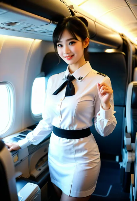 (medium full shot) of (attractive young woman:1.1) flight attendant, korean with black hime cut hair, dark brown eyes, pale skin, curvy,              wearing Minimalist white uniform with a tunic blouse, straight skirt, sheer stockings, white flats, sleek ponytail hair, beverage cart, smiling at the viewer, making a finger gun gesture with her hand,  .set in  plane Cabin during Turbulence, Tense atmosphere with seatbelt signs illuminated, passengers gripping armrests, flight attendants securing trolleys, overhead bins rattling, occasional bumps felt throughout the cabin , at night. ,Masterpiece,best quality, photorealistic, amazing quality, very aesthetic, extremely detailed face,