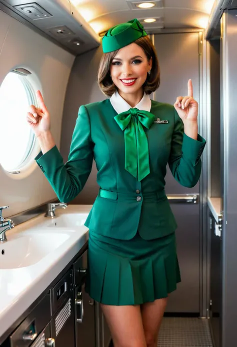 (medium full shot) of (supermodel young woman:1.1) flight attendant, american with straight brown hair in a bob, hazel eyes, light tan skin, athletic build, wearing Polished emerald green uniform with a blouse with a bow tie, pleated skirt, sheer stockings, emerald green heels, flight attendant hat, service trolley, smiling at the viewer, making a finger gun gesture with her hand, .set in Airplane Bathroom, Dimly lit space with gray walls, narrow countertop, toilet with a sliding door, motion-sensor soap dispenser, a trash bin tucked under the sink , at night. Masterpiece,best quality, photorealistic, amazing quality, very aesthetic, extremely detailed face,