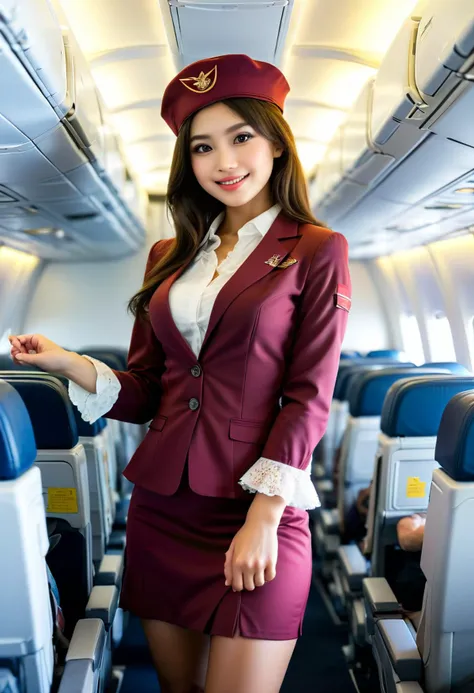 (medium full shot) of (sexy young woman:1.1) flight attendant, thai with dark, straight hair, brown eyes, light brown skin, petite,              wearing Chic burgundy uniform with a ruffled blouse, midi skirt, lace stockings, burgundy loafers, flight attendant hat, tablet for passenger assistance, smiling at the viewer, making a superhero landing pose,  .set in  plane Cabin during Turbulence, Tense atmosphere with seatbelt signs illuminated, passengers gripping armrests, flight attendants securing trolleys, overhead bins rattling, occasional bumps felt throughout the cabin . ,Masterpiece,best quality, photorealistic, amazing quality, very aesthetic, extremely detailed face,