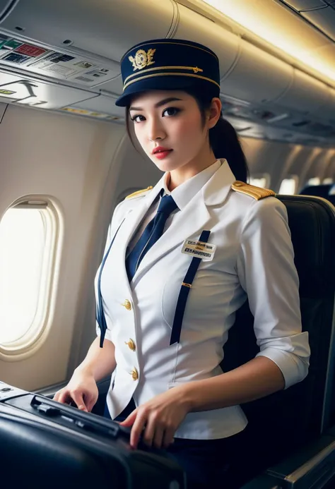 (medium full shot) of (desirable young woman:1.1) flight attendant, japanese with black hair styled in twin-tails, dark brown eyes, pale skin, petite,              wearing Minimalist white uniform with a tunic blouse, straight skirt, sheer stockings, white flats, flight attendant hat, rolling suitcase, angry at the viewer, she's making a kung fu pose,  .set in  plane Cabin during Turbulence, Tense atmosphere with seatbelt signs illuminated, passengers gripping armrests, flight attendants securing trolleys, overhead bins rattling, occasional bumps felt throughout the cabin , at sunset. ,Masterpiece,best quality, photorealistic, amazing quality, very aesthetic, extremely detailed face,