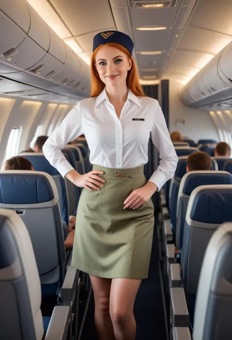 ((fashion photography)), perfect face, perfect eyes, (medium full shot) of  (attractive flight attendant) young woman, british, bright blue eyes, light skin, fair skin, olive green eyes, voluptuous, ginger hair,  wearing Minimalist white uniform with a tunic blouse, straight skirt, sheer stockings, white flats, flight attendant hat, beverage cart, set in  plane Cabin during Turbulence, Tense atmosphere with seatbelt signs illuminated, passengers gripping armrests, flight attendants securing trolleys, overhead bins rattling, occasional bumps felt throughout the cabin , at sunset, smiling at the viewer, masterpiece, best quality, photorealistic, very aesthetic