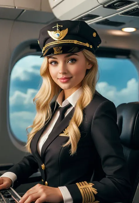 (medium full shot) of (angelic flight attendant) young woman, petite build, long blonde hair, native american, ebony skin, dark green eyes, wearing a flight attendant hat, black long-sleeved uniform shirt, midi skirt, pink lipstick, beverage cart, set in Cockpit, Efficient layout featuring a digital flight display, captain and co-pilot seats, a central console with throttles and knobs, a chart holder, storage compartments for manuals , at night, woman smiling, ,Masterpiece,best quality, photo, realistic, very aesthetic