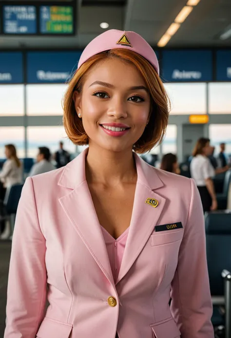 (medium full shot) of (bonnie flight attendant) young woman, willowy build, short ginger hair, philippine, tan skin, brown eyes,  wearing a flight attendant hat, yellow fitted blazer, a-line skirt, pink lipstick, name badge, set in  a spacious airport terminal, featuring contemporary seating, elegant lighting, chic decor, and vast open spaces , at sunset, woman smiling, ,Masterpiece,best quality, photo, realistic, very aesthetic, detailed face,