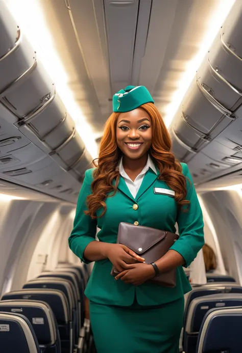 (medium full shot) of (angelic flight attendant) young woman, full-figured build, extra long ginger hair, african, dark skin, brown eyes,  wearing a flight attendant hat, green tailored blouse, pencil skirt, eyeliner, carrying a elegant clutch, set in  Airplane Bathroom, Functional area with a toilet, foldable baby-changing station, grab bars for stability, compact trash receptacle, a small ventilation fan on the ceiling , at night, woman smiling, ,Masterpiece,best quality, raw photo, realistic, very aesthetic