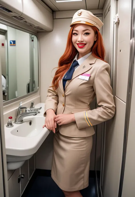 (medium full shot) of (angelic flight attendant) young woman, busty build, extra long red hair, chinese, light skin, light brown eyes,  wearing a flight attendant hat, beige elegant jacket, midi skirt, pink lipstick, name badge, set in  Airplane Bathroom, Compact space with stainless steel fixtures, foldable sink, toilet with a flush button, hand dryer mounted on the wall, a small mirror above the sink , at sunset, woman smiling, ,Masterpiece,best quality, raw photo, realistic, very aesthetic