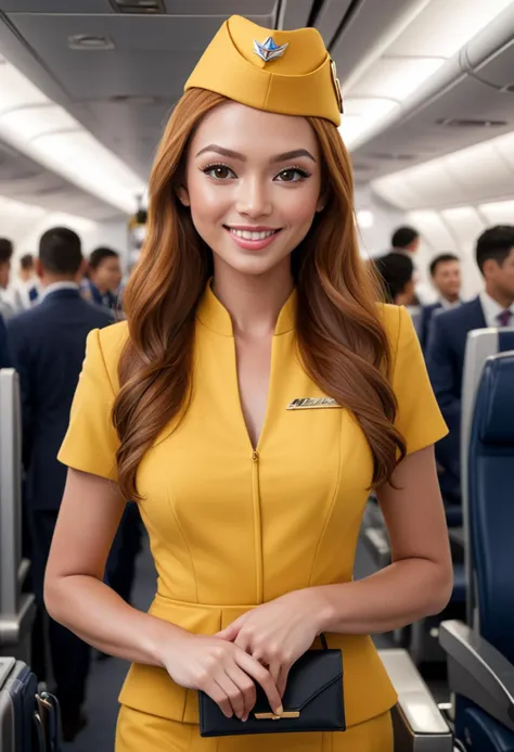 (medium full shot) of (supermodel flight attendant) young woman, willowy build, long ginger hair, philippine, tan skin, hazel eyes,  wearing a flight attendant hat, yellow classic dress, subtle eyeshadow, carrying a elegant clutch, set in  a busy boarding gate, with modern seating, stylish decor, bright lighting, and sleek check-in counters , woman smiling, detailed face, ,Masterpiece,best quality, photo, realistic, very aesthetic,