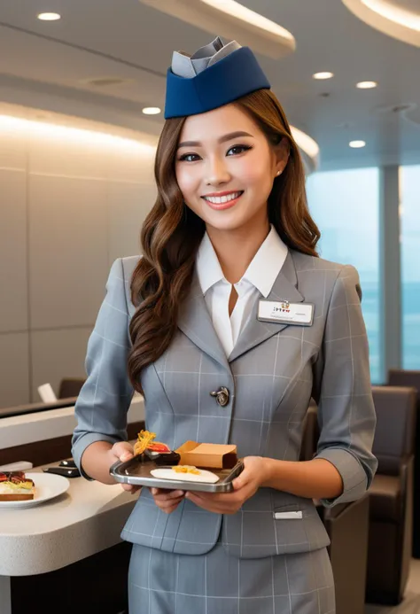 (medium full shot) of (attractive flight attendant) young woman, petite build, long brown hair, korean, tan skin, hazel eyes,  wearing a flight attendant hat, grey formal dress, eyeliner, carrying a meal tray, set in  a modern check-in desk, with sleek counters, stylish decor, bright lighting, and contemporary seating  , woman smiling, ,Masterpiece,best quality, raw photo, realistic, very aesthetic