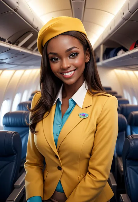 (medium full shot) of (attractive flight attendant) young woman, busty build, extra long brown hair, south african, dark skin, brown eyes,  wearing a flight attendant hat, yellow elegant jacket, knee-length skirt, subtle eyeshadow, name badge, set in  a vibrant airplane cabin, with colorful seating, trendy lighting, dynamic decor, and spacious aisles , at night, woman smiling, detailed face, ,Masterpiece,best quality, photo, realistic, very aesthetic,