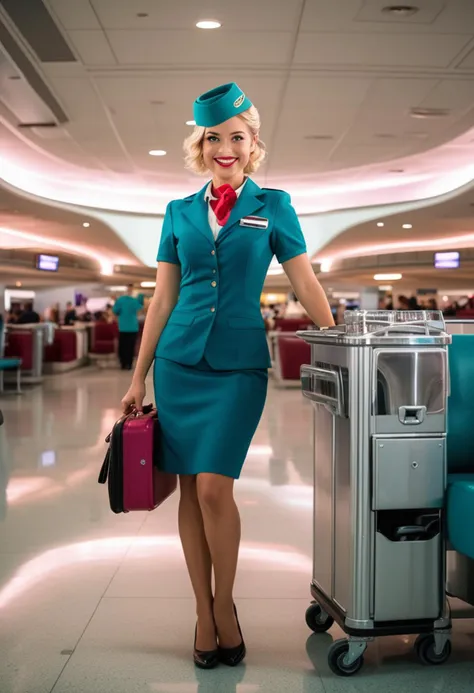 (medium full shot) of (sexy flight attendant) young woman, tiny build, short blonde hair, british, tan skin, turquoise eyes,  wearing a flight attendant hat, red short-sleeved uniform shirt, knee-length skirt, pink lipstick, beverage cart, set in  a spacious airport terminal, featuring contemporary seating, elegant lighting, chic decor, and vast open spaces , at night, woman smiling, ,Masterpiece,best quality, raw photo, realistic, very aesthetic