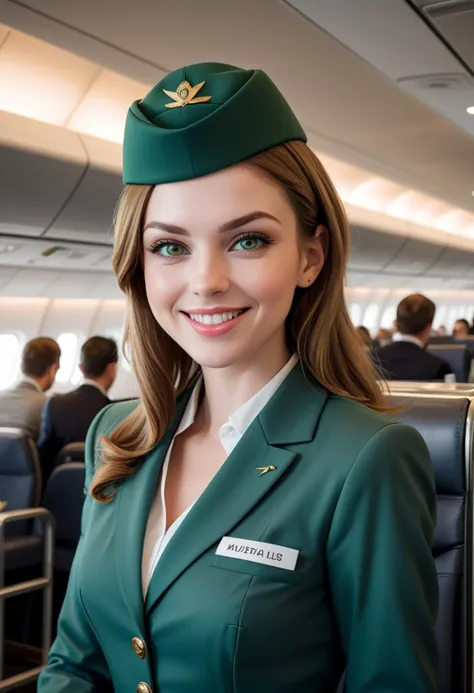 (medium full shot) of (supermodel flight attendant) young woman, normal build, medium hazel hair, australian, pale skin, olive green eyes,  wearing a flight attendant hat, green uniform dress, eyeliner, service trolley, set in  airport Business Lounge, Elegant space with plush sofas and armchairs, work desks with power outlets, buffet tables stocked with snacks and beverages, a bar counter, a wall-mounted television , at sunset, woman smiling, detailed face, ,Masterpiece,best quality, photo, realistic, very aesthetic,