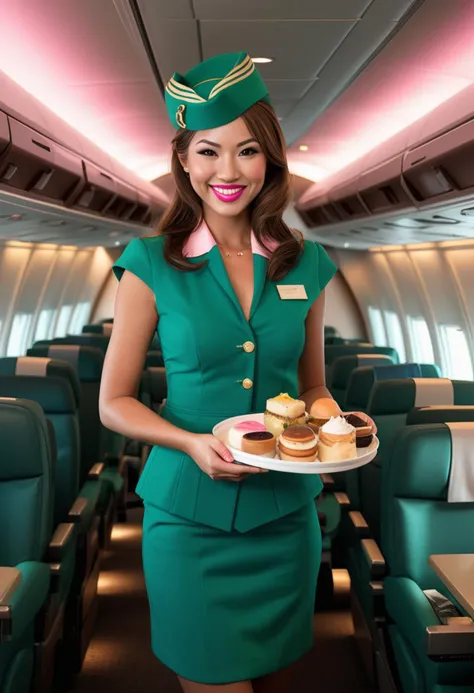 (medium full shot) of (sexy flight attendant) young woman, Average build, medium brown hair, japanese, tan skin, brown eyes,  wearing a flight attendant hat, green a-line dress, pink lipstick, carrying a meal tray, set in  a spacious VIP lounge, featuring contemporary seating, plush lighting, stylish decor, and vast open spaces , at night, woman smiling, ,Masterpiece,best quality, raw photo, realistic, very aesthetic