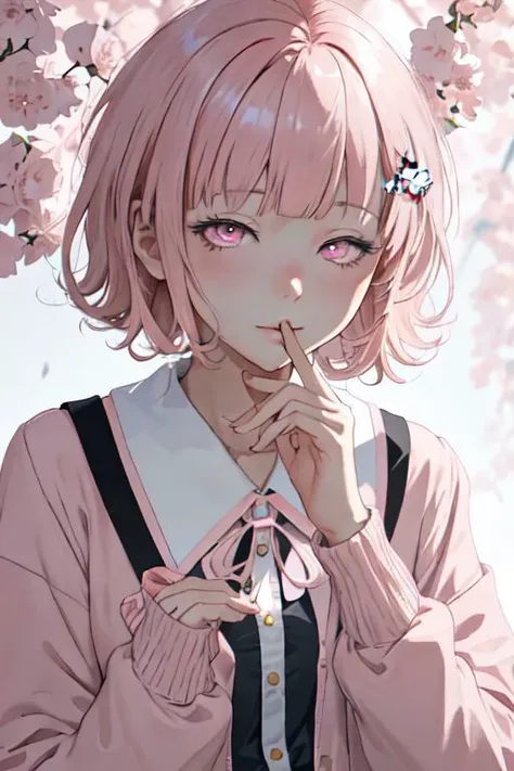 (Masterpiece:1.2), (Best quality:1.2), (highres:1.4) scenary, 1girl, chiaki nanami, blunt bangs, pink hair, Chiaki hair ornament, medium hair, (pink eyes:1.5), school uniform, :3, upper body, one eye closed, looking at viewer, (finger to own mouth:1.2), :p, black jacket, long sleeves, neck ribbon, open clothes, open jacket, pink ribbon, ribbon,