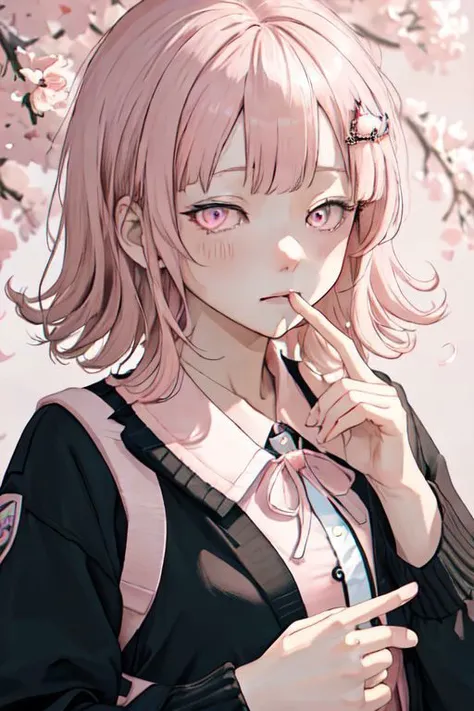 (Masterpiece:1.2), (Best quality:1.2), (highres:1.4) scenary, 1girl, chiaki nanami, blunt bangs, pink hair, Chiaki hair ornament, medium hair, (pink eyes:1.5), school uniform, :3, upper body, one eye closed, looking at viewer, (finger to own mouth:1.2), :p, black jacket, long sleeves, neck ribbon, open clothes, open jacket, pink ribbon, ribbon,