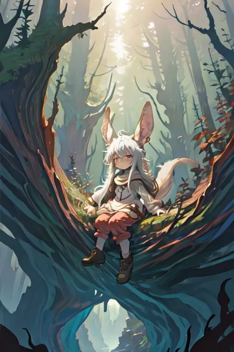 (masterpiece, best quality), 1girl, beautiful face, nanachi, full body, scenary, Magnificent, bright eyes,  sitting, nature dark, dark trees, fog in deep, abyss in top, View from below, Spiral cave /(deep abyss/),