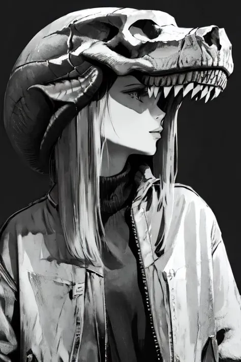 Petite Woman wearing huge Dino skull ober head, very detailed, hd,