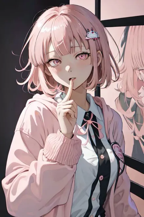 (Masterpiece:1.2), (Best quality:1.2), (highres:1.4) scenary, 1girl, chiaki nanami, blunt bangs, pink hair, Chiaki hair ornament, medium hair, (pink eyes:1.5), school uniform, :3, upper body, one eye closed, looking at viewer, (finger to own mouth:1.2), :p, black jacket, long sleeves, neck ribbon, open clothes, open jacket, pink ribbon, ribbon,