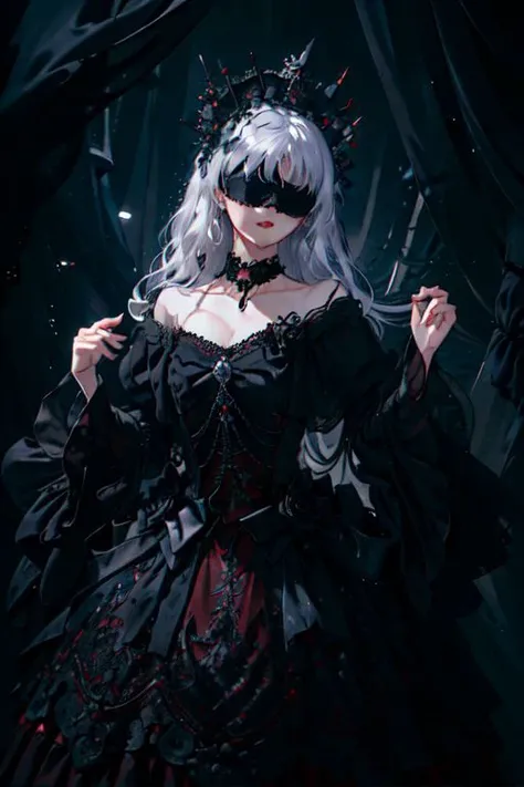 (masterpiece:1.4), (Best quality:1.2), (highres:1.2), (scenary:1.2), Dynamic light, 4k, 8k, 1girl, black dress, (Luxurious, choker, Jewelry), (Light from the depths, Dark), (Silver crown, black flowers, Black blindfold), detailed face,